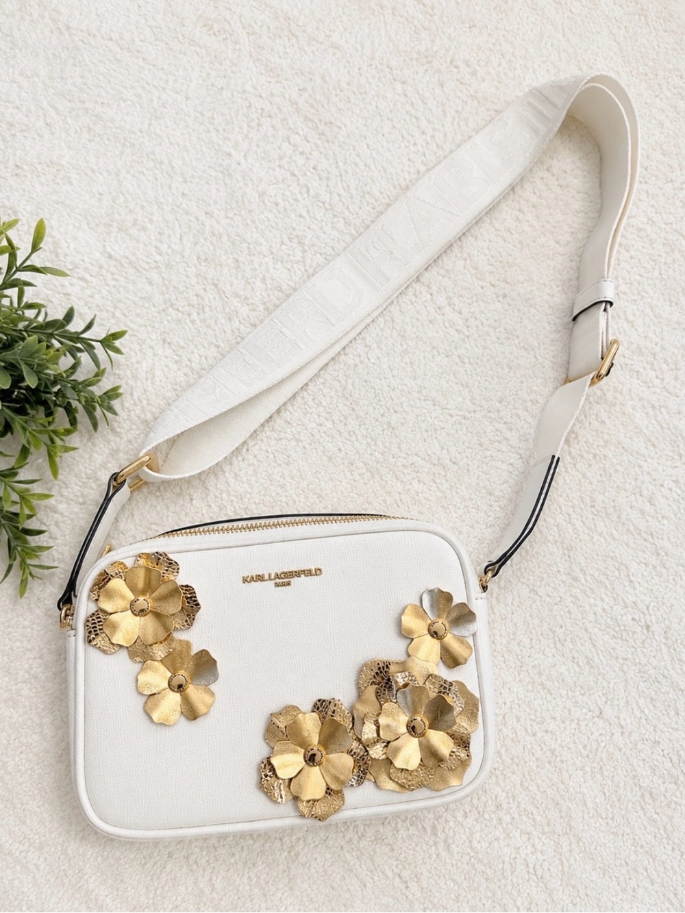 Karl Lagerfeld White Crossbody Bag with Gold Floral Appliqués